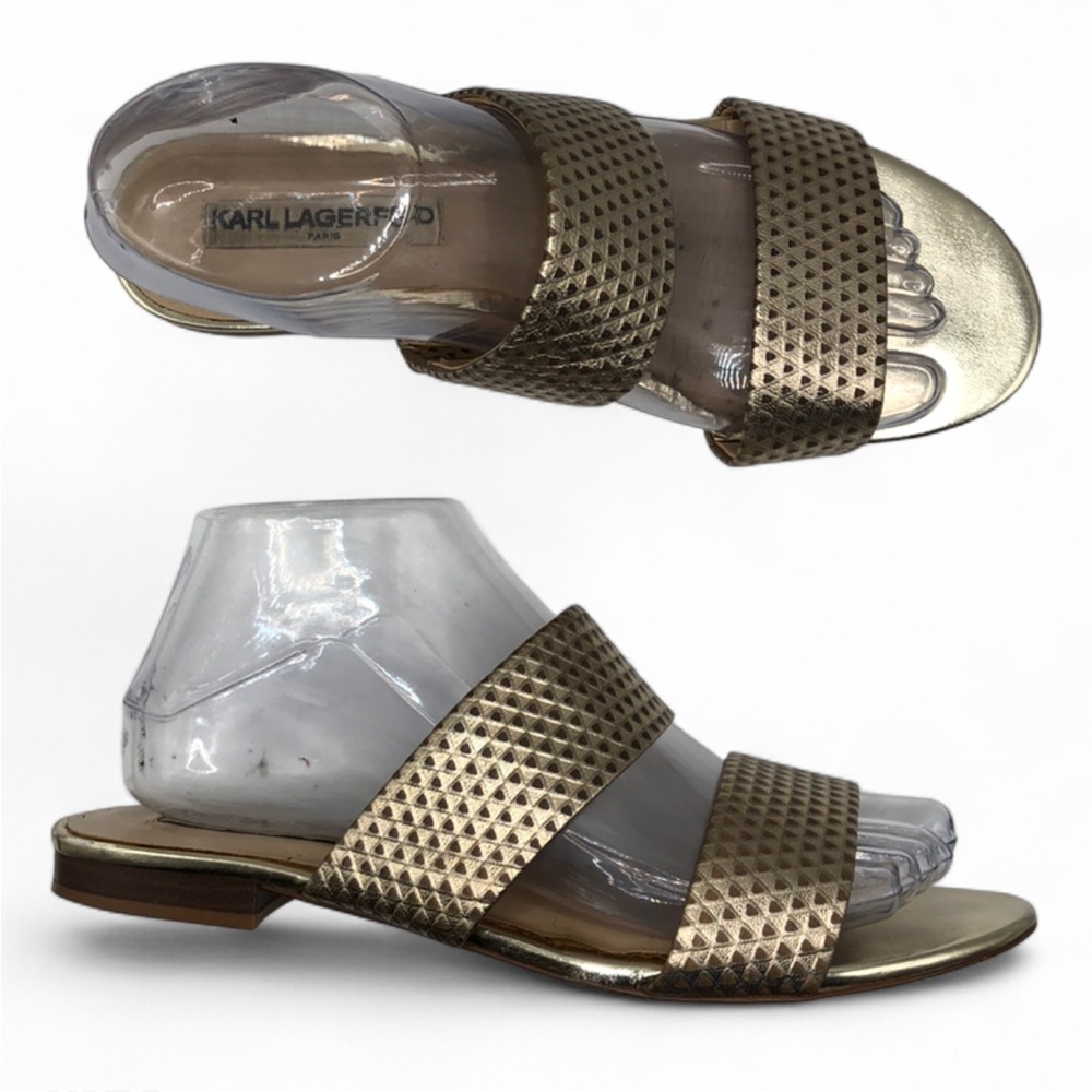 Karl Lagerfeld Paris Women's Double Strap Metallic Gold Sandals